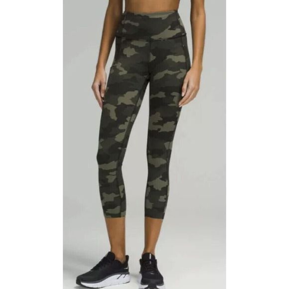 Lululemon Women's Sz 14 Green Camo Fast Free Hi-Rise Crop 23” Leggings - Picture 1 of 13